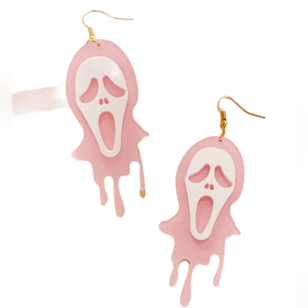 Scream Ghost Face Pink Ghost Skull Design Dangle Earrings nwot Halloween